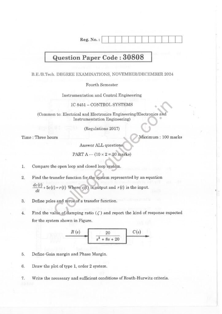 IC8451 control system R2017 Anna University Question Paper November/December 2024