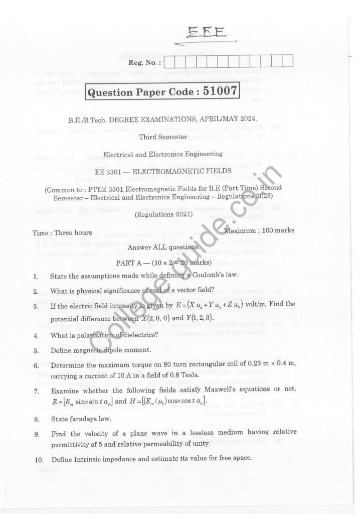 EE3301 Electromagnetic Fields R2021 Anna University Question Paper November/December 2024