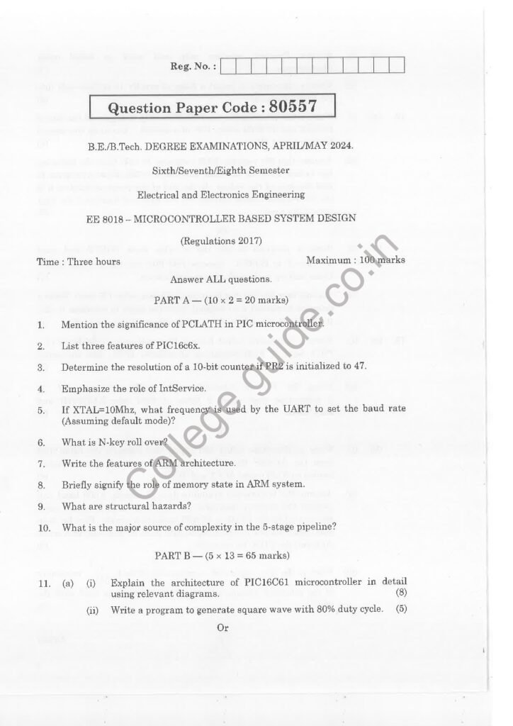 EE8018 Microcontroller Based System Design R2017 Anna University Question Paper November/December 2024
