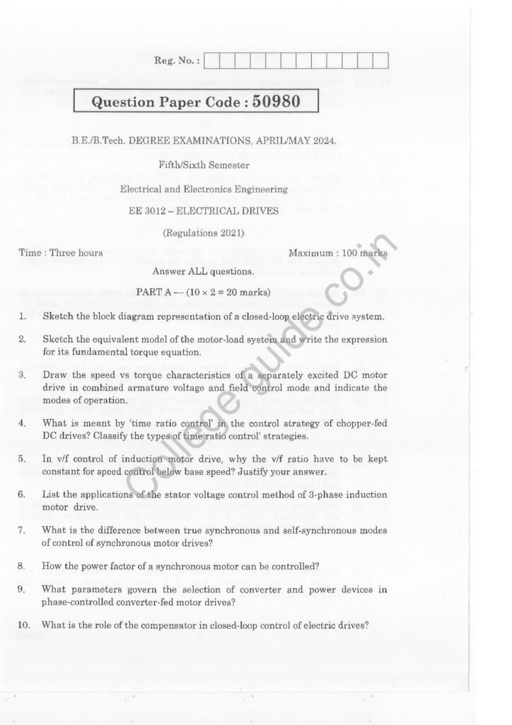 EE 3012 R2021 Anna University Question Paper April /MAY 2024
