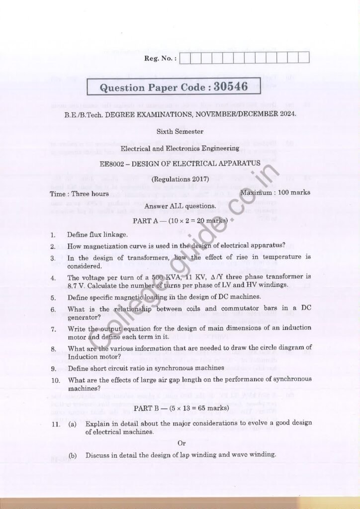 EE 8002 design of electrical apparatus R2017 Anna University Question Paper November/December 2024