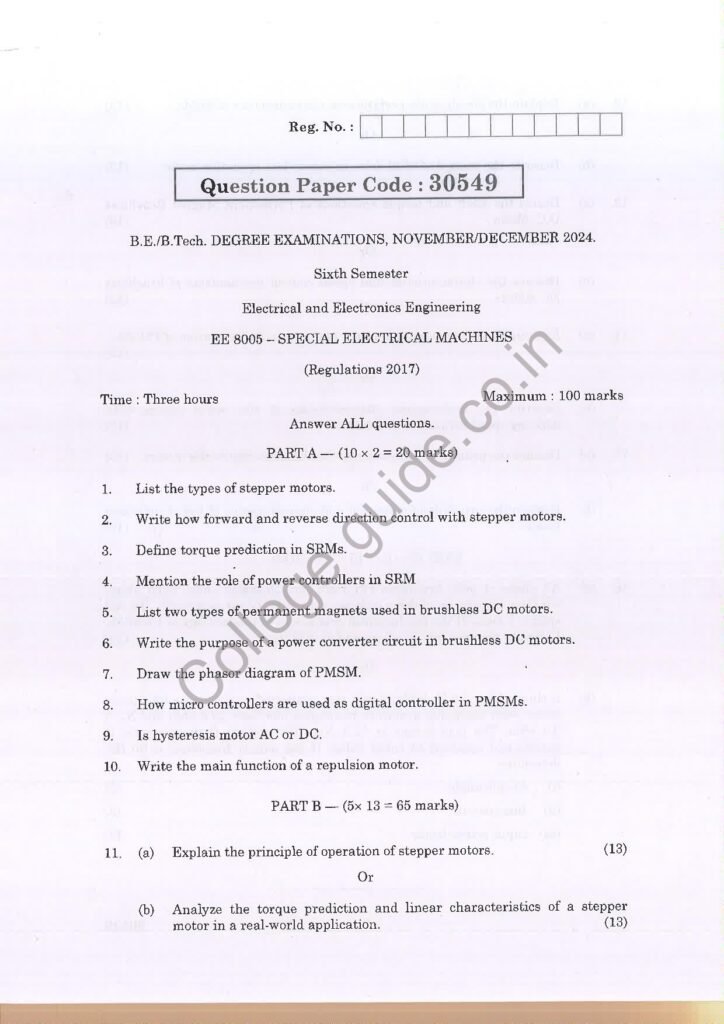 EE8005 special electrical machines R2017 Anna University Question Paper November/December 2024