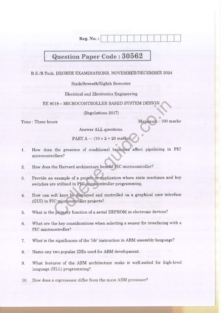 EE8018 – MICROCONTROLLER BASED SYSTEM DESIGN R2017 Anna University Question Paper November/December 2024