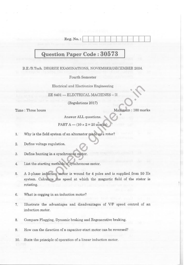 EE8401 – Electrical Machines – II R2017 Anna University Question Paper November/December 2024