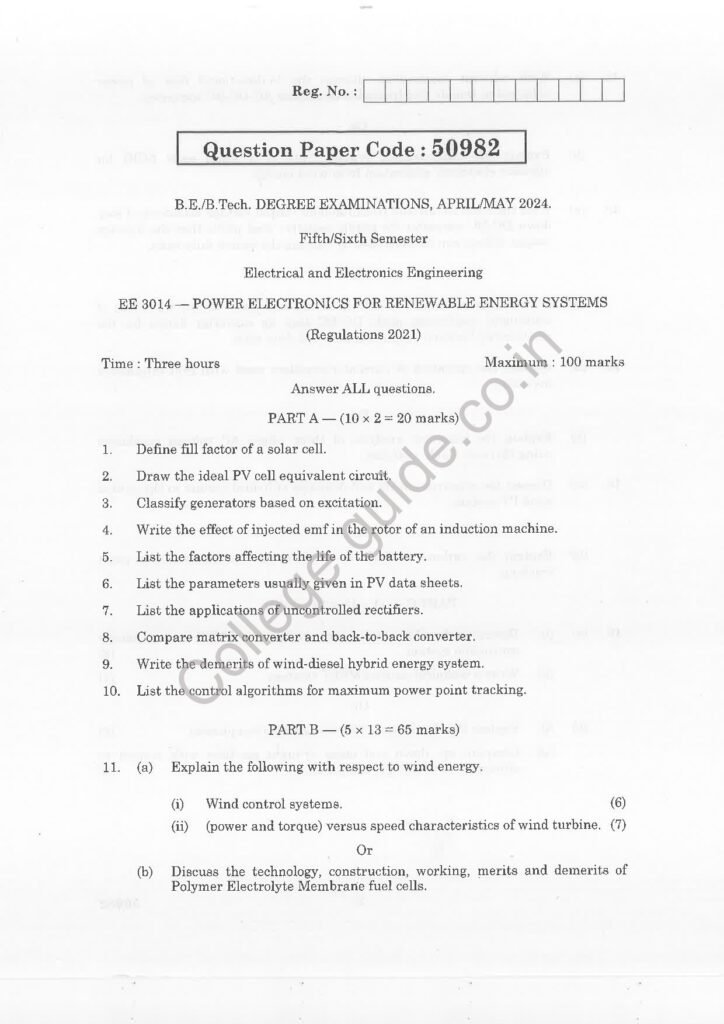 EE 3014-Power Electronics for Renewable Energy Systems R2021 Anna University Question Paper April /MAY 2024